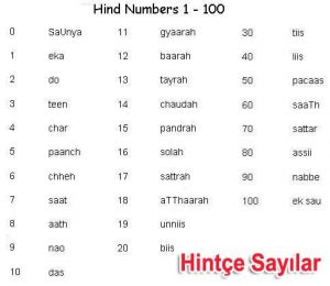 Hintçe Sayılar, Hintçe Rakamlar ve Okunuşları